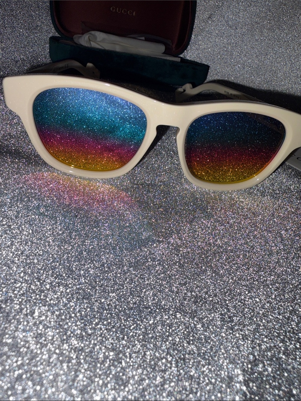 Gucci Women’s Cream Frames with Multicolor Glitter Gradient Lenses